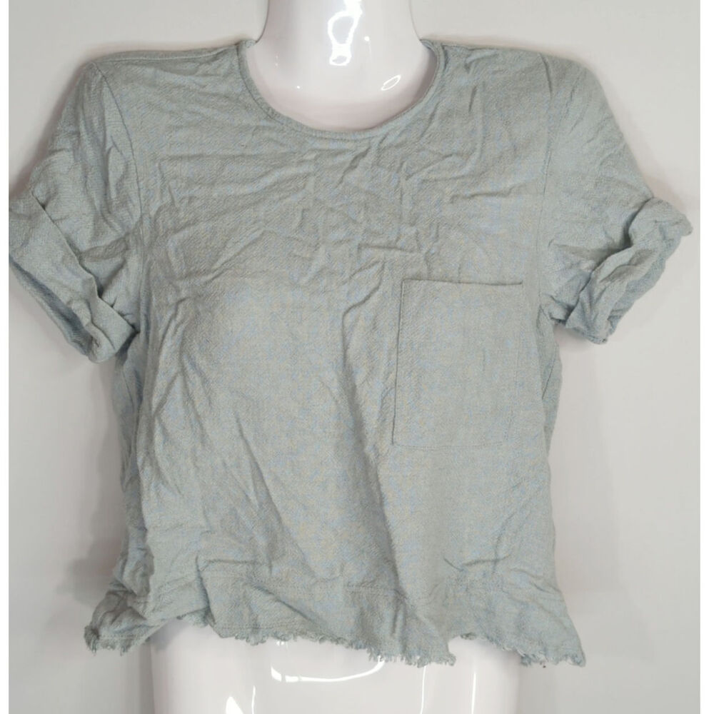 Trafaluc Collection Zara Mint Blue Top Women's XS Raw Hem Button Back Blouse‎